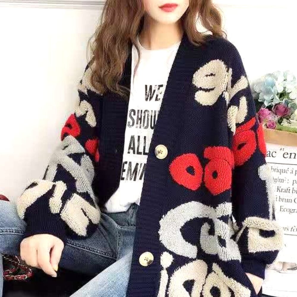 OVERSIZED NAVY BLUE CARDIGAN DEEP V NECK CHENILLE LETTERING IN CREAM, RED WHITE